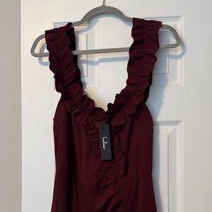 Lulu’s Graceful Posture Burgundy Ruffled Off-the-Shoulder Maxi Dress